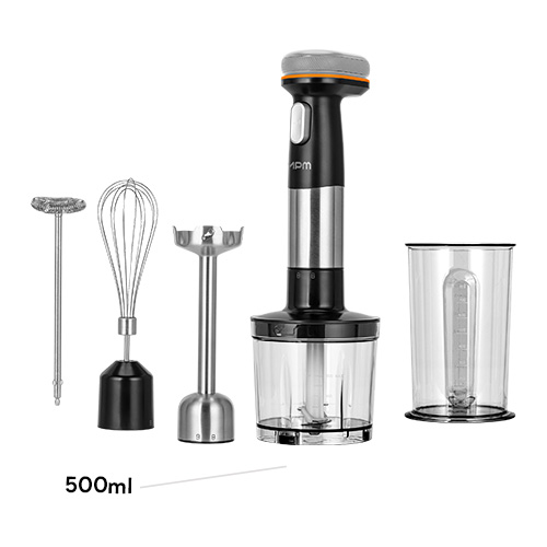 Akumulatorowy blender ręczny z pojemnikiem do krojenia.